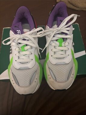 Puma Kids White Sneakers with Neon Green & Purple Accents